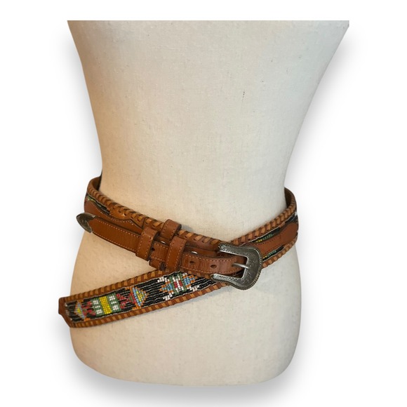 Unbranded Accessories - Southwestern Brown Leather Beaded Whipstitch Belt Silver Engraved Buckle Aztec